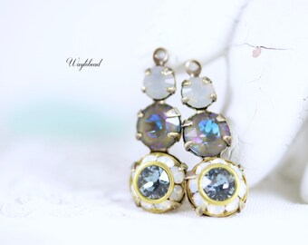 Earring Dangle Vintage Austrian Crystal Raw Brass 23mm Charms 1 Loop Light Gray Opal Army Green DeLite White Opal & Indian Sapphire - 2