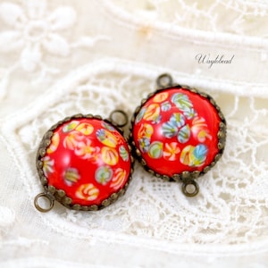 Vintage Round Millefiori Charm Connector Set Stones Brass Settings 16mm Japan Red - 2
