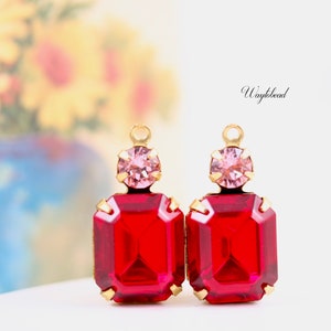 Light Rose & Siam Red Earring Charms Vintage Octagon Austrian Crystal  20x10mm Jewelry Findings Drops Raw Brass Settings - 2