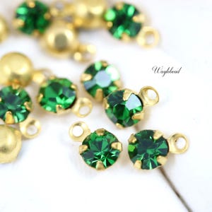 Tourmaline Green 5mm Vintage Tiny Rhinestones Austrian Crystal Dangles 1 Ring Single Brass Setting Earring Drops - 8