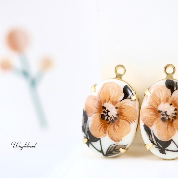 Peach & Black Flower Cabochon 18x13mm Vintage Oval Limoge Single Set Stones Decal Connectors Western Germany Charms Pendant - 2