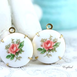 Pink Rose Porcelain Charm Vintage Round Limoge Pendant Set Stones Brass Settings 18mm Japan - 2