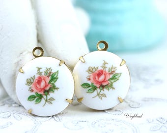Pink Rose Porcelain Charm Vintage Round Limoge Pendant Set Stones Brass Settings 18mm Japan - 2