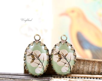 Dried Leaves with Veins Oval Glass Mint Green Beige & Brown Cabochon Vintage Style 18x13mm Single Set Stones Charms Pendant - 2