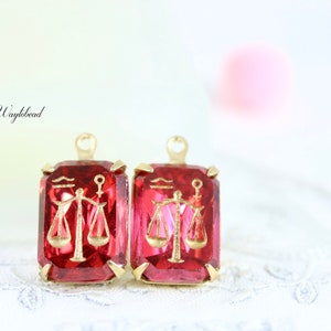 Dark Rose Vintage Zodiac Intaglio Libra 14x10mm Carved Glass Octagon Stones Closed Back Raw Brass Settings - 2