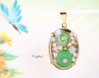 Mint Green Chrysolite Opal Frosted Peridot Melon Glow Vintage Melon Round Rose Flower Cabochon Shadow Box Pendant Tiny Faux Pearls - 1