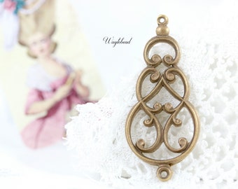 Triple Stacked Flourish Design Vintage High End Brass Stamping Rare Victorian Art Nouveau Earring Connector Necklace Links