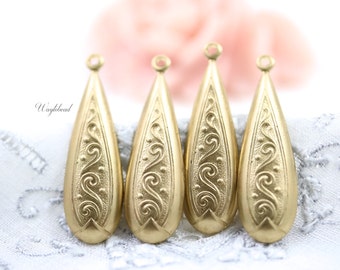 Ornate Long Teardrop 9x30mm Raw Brass Art Deco Charms - 4