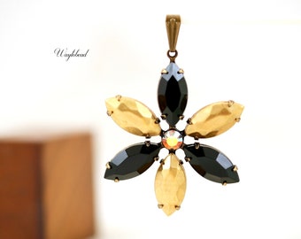 Raw Brass Jet Black & AB Crystal Vintage Faceted Navette Stones Bail Pendant 35mm Flower Charms