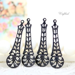 Black Ornate 35x10mm Plated Brass Gothic Victorian Style Filigree Earring Dangle Charms Pendants Drops - 4