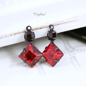 Vintage Set Stones Rhinestone Earring Drops Square 1 Ring Black Brass Settings 18x11mm Garnet & Siam - 2