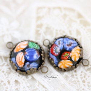 Vintage Round Millefiori Charm Connector Set Stones Brass Settings 16mm Japan Red - 2