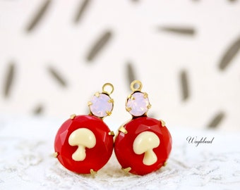 Rose Opal Cherry Red & Beige Mushroom 18x11mm Vintage Faceted Round Glass Drops Connector Link Brass Prong Settings - 2