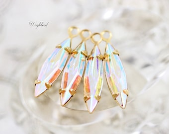 AB Crystal 15x4mm Vintage Faceted Navette Stones Austrian Crystal 1 Ring Brass Single Settings Earring Drops Iridescent - 4