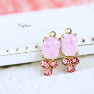 Pink Marble & Light Rose 17x7mm Earring Charms Vintage Octagon Glass Stone Austrian Crystal Rhinestone Dangle - 2