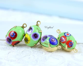 Green Oval Glass Millefiori Vintage Set Stones Spain 14x10mm Charms Drops Connectors Brass Settings - 4