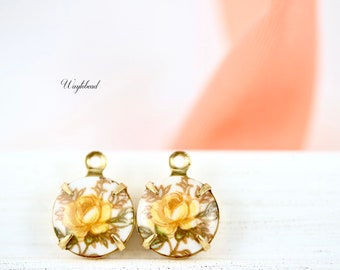 Vintage Glass Flower Set Stones Connectors Limoge 10mm Round Charms Pendant Yellow Rose - 2