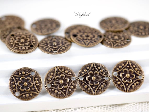 Circle Connectors 11mm Antique Brass Ox Embossed Pattern Round One or Two Holes - 8