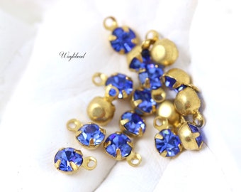 Sapphire Blue Vintage Tiny 5mm Rhinestones Austrian Crystal Dangles 1 Ring Single Brass Setting Earring Drops - 8