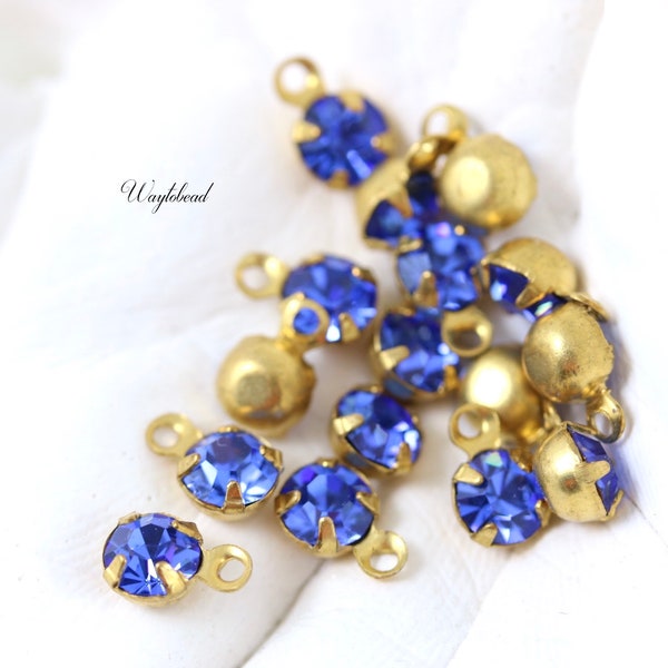 Sapphire Blue Vintage Tiny 5mm Rhinestones Austrian Crystal Dangles 1 Ring Single Brass Setting Earring Drops - 8