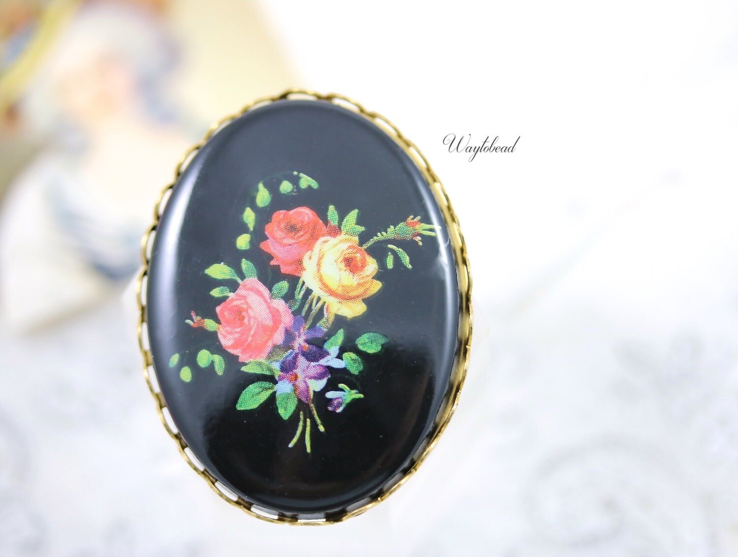 VintageOvalFlowerBouquetCabochon40x30mmBlack-1