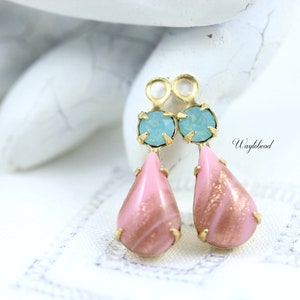 Vintage Glass Drops Pear Shaped Set Stones 1 Ring Raw Brass Settings 23x8mm Pacific Opal & Pink Copper Aventurina - 2