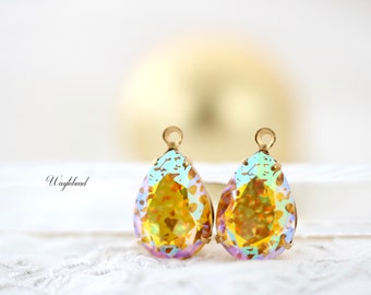 Speckled Iridescent Sunflower AB Patina Mottled Coating 14x10mm Pear Shaped Stones Earring Charms Closed Back Brass Setting - 2