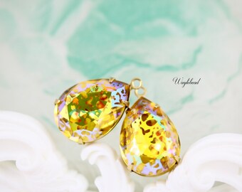 Speckled Iridescent Mottled AB Patina Coating Sunflower Yellow 18x13mm Pear Shaped Stones 1 Ring Closed Back Brass Prong Settings - 2