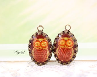 Retro Owl Oval Glass Cabochon Vintage Style Mid Century 18x13mm Single Set Stones Charms Pendant - 2