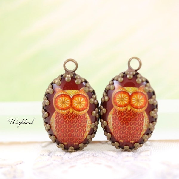 Retro Owl Oval Glass Cabochon Vintage Style Mid Century 18x13mm Single Set Stones Charms Pendant - 2