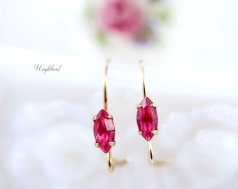 US Made Small Dainty Gold Plated Kidney Vintage Ear Wires 14x9mm Wire Earring Jewelry Findings Rose Pink Austrian Navette Stone - 1 pair