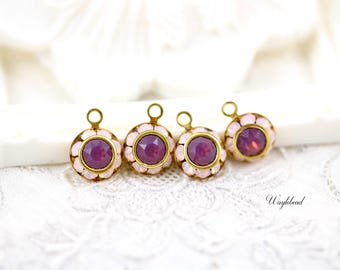 Rose Opal & Cyclamen Opal Two Layer Crystal Round Drop Charm Rhinestone Connectors Links Pink Purple  - 4