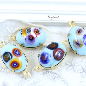 Spain Millefiori Vintage Glass Oval Set Stones 14x10mm Charms Drops Connectors Brass Settings Light Blue - 4