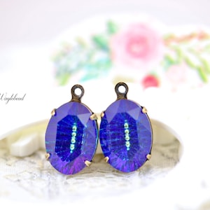 Bermuda Blue Oval Glass Single Set Stones Feather 14x10mm Charms Drops Connectors - 2