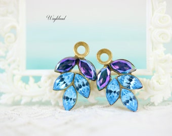 AB Sapphire & Aquamarine Vintage Western Germany Rhinestone Leaf 21x11mm Drops Charm Dangles Set Stones - 2