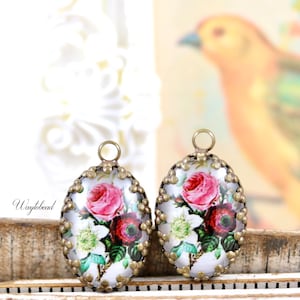 Bouquet of Flowers Pink Red & White Oval Glass Cabochon Vintage Style 18x13mm Single Set Stones Charms Pendant 1 Loop - 2