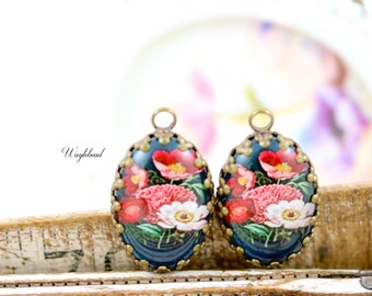 Vintage Style Red & Pink Peonies Cabochon 18x13mm Oval Single Set Stones Charms Pendant Flowers - 2