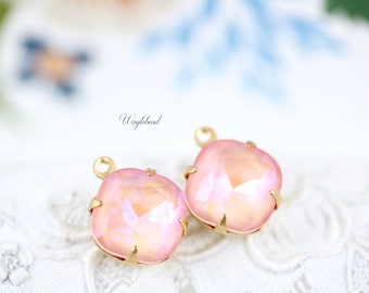 Cushion 10mm Light Peach Shimmer Iridescent Glass Stones Raw Brass Prong Settings - 2