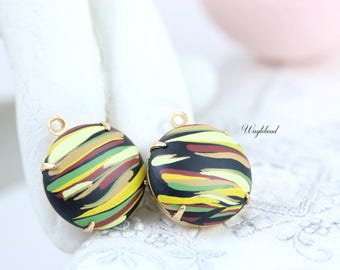Yellow Brown Green & Black Ethnic Lucky Stripes Earthy Charm Vintage Round Pendant Set Stones Brass Settings 18mm - 2