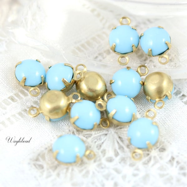 Vintage 6mm German Glass Single Set Rhinestone Drops Raw Brass Connector Link Baby Blue - 6