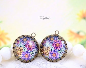 Violet, Lilac & Yellow Vintage Style Pastel Floral Cabochon 21mm Round Single Set Stones Flower Charms Pendant - 2