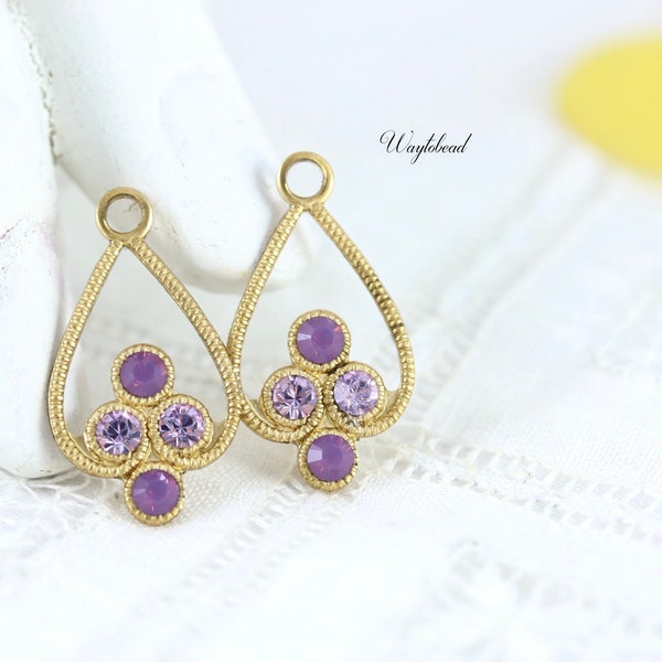 Cyclamen Purple Opal & Violet Brass Filigree Rhinestone Drops Earring Dangles 23x13mm Exquisite Charms Austrian - 2
