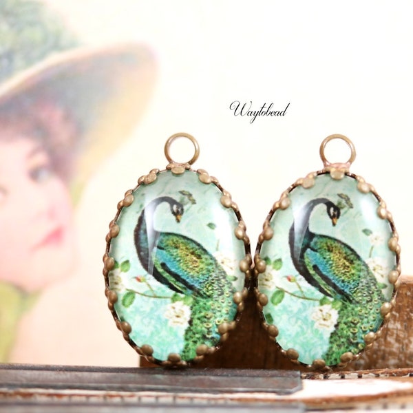 Peacock Cabochon Vintage Style Bird 18x13mm Blue Green Oval Single Set Stones Charms Pendant - 2