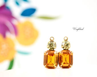 Topaz & Jonquil Vintage Octagon Österrikisk Kristall 18 x 8 mm Set Stendroppar Rå Mässingsinfattningar Örhänge med Hängsmycke - 2