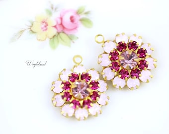 Rose Water Opal Fuchsia & Light Amethyst Rhinestone Pendant Three Layer Crystal Flower Charms Drops Dangles - 2