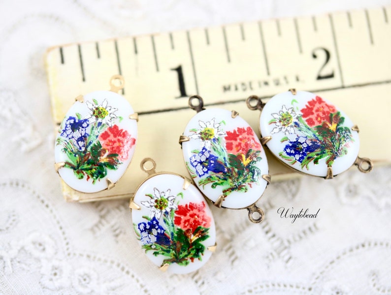 Vintage Oval Flower Set Stones Connectors Charms Pendant Floral Settings Limoge 18x13mm Red Blue White 2 image 3