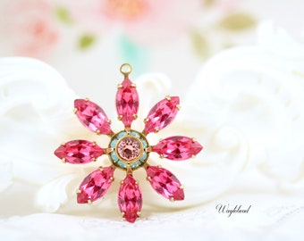 Rhinestone Daisy Flower Pendant Charm Vintage Austrian Set Stones Raw Brass Setting 30mm Rose Pink Pacific Opal & Rose Peach - 1