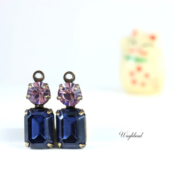 Light Amethyst & Montana Blue 16x6mm Earring Charms Vintage Octagon Austrian Crystal Connectors Brass Prong Settings - 2