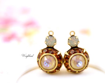 Light Grey Opal Smoked Topaz & Cappuccino DeLite Two Layers Rhinestone Earring Charm Drop 18x11mm Vintage Austrian Crystal Brass- 2