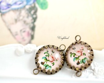 Pink Roses Floral Cabochon 16mm Vintage Style Round Single Set Stones Flower Connector Link - 2